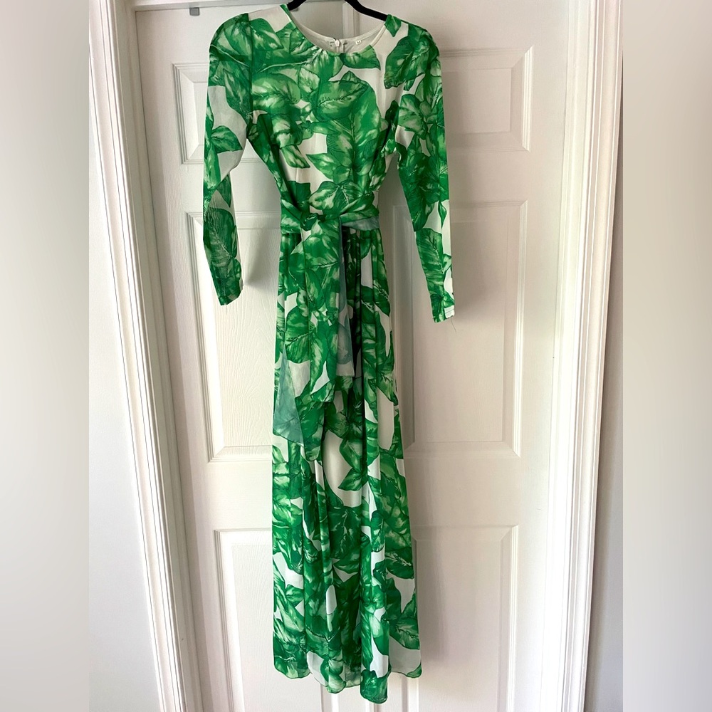 SHEIN Green Tropical Print Long Sleeve Dress